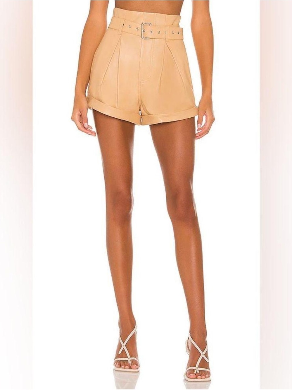 Camila Coelho High-Waist Belted Shorts in Tan